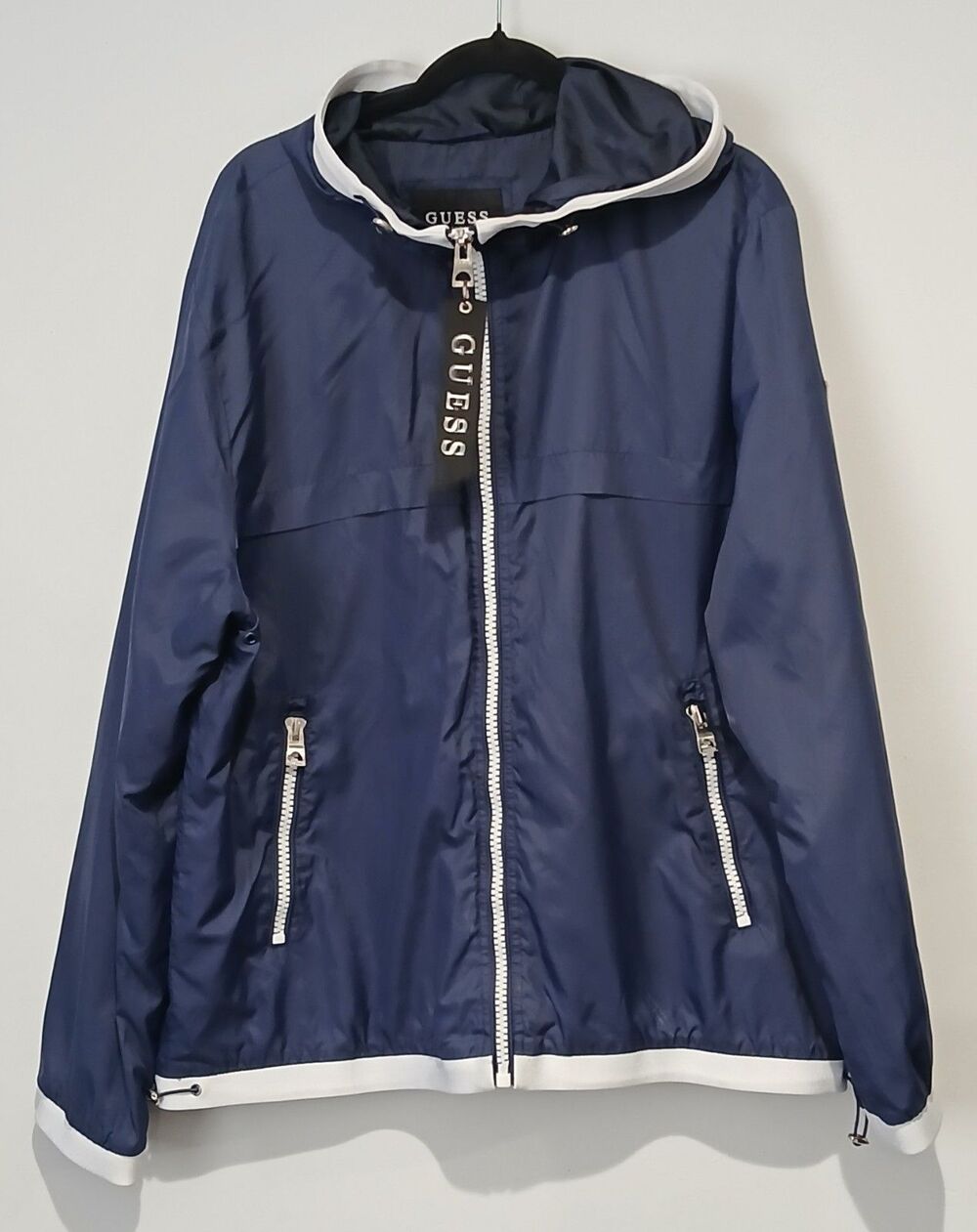 Guess. Navy Blue. Full Zip-Up Hoodie Windbreaker Jacket. Men Size 2XL.